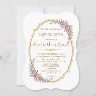 Invitation Elégant Baby shower de cadre floral flush or
