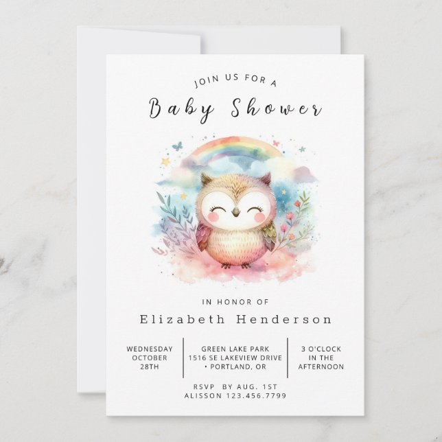 Invitation Élégant Baby shower de Chouette modifiable (Devant)