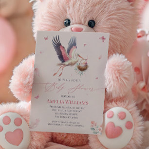 Invitation Élégant Baby shower de cigogne rose avec papillons