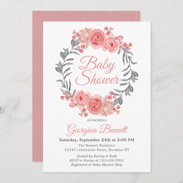 Invitation Élégant Baby shower de couronne florale rose-gris (Devant / Derrière)