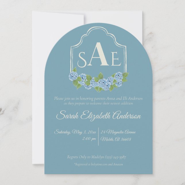 Invitation Elégant Baby shower de crête Monogram Hydrangea Bl (Devant)