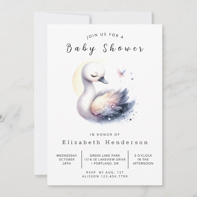 Invitation Élégant Baby shower de cygne modifiable (Devant)