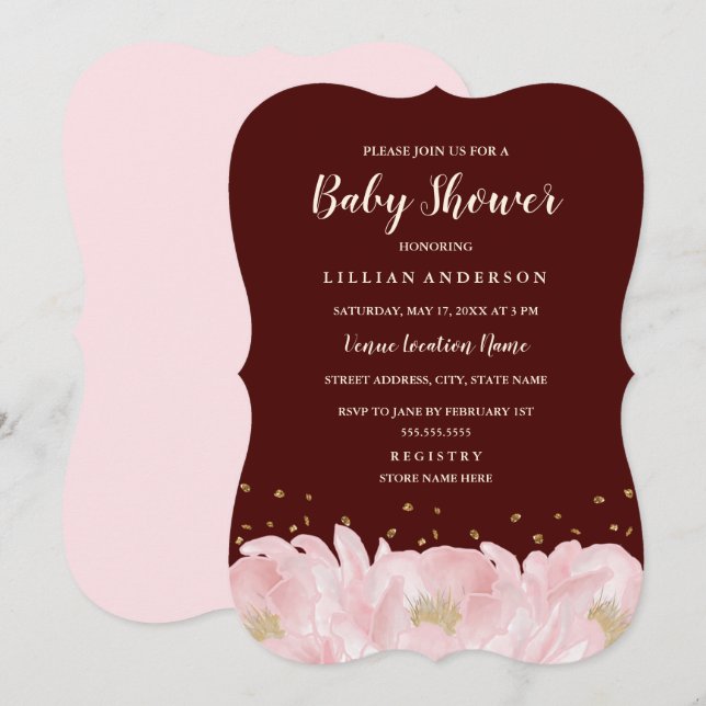 Invitation Elégant Baby shower de fille de pivoine rose de Bo (Devant / Derrière)