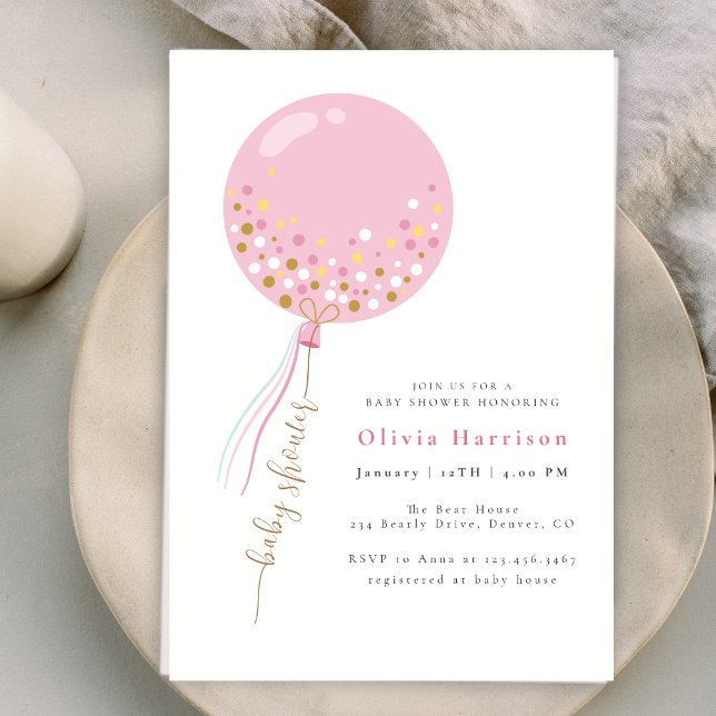 Invitation Élégant Baby shower de fille en ballons roses (Elegant Pink Balloon Girl Baby Shower Invitation)