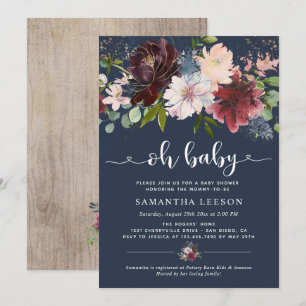 Invitation Elégant Baby shower de fleurs de Bourgogne
