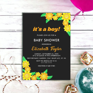 Invitation Elégant Baby shower de garçon floral noir tourneso