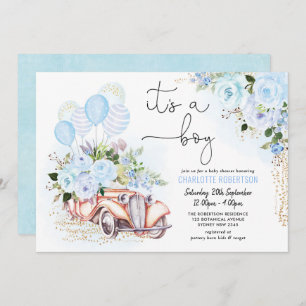 Invitation Elégant Baby shower de Garçon Floral Vintage Car B