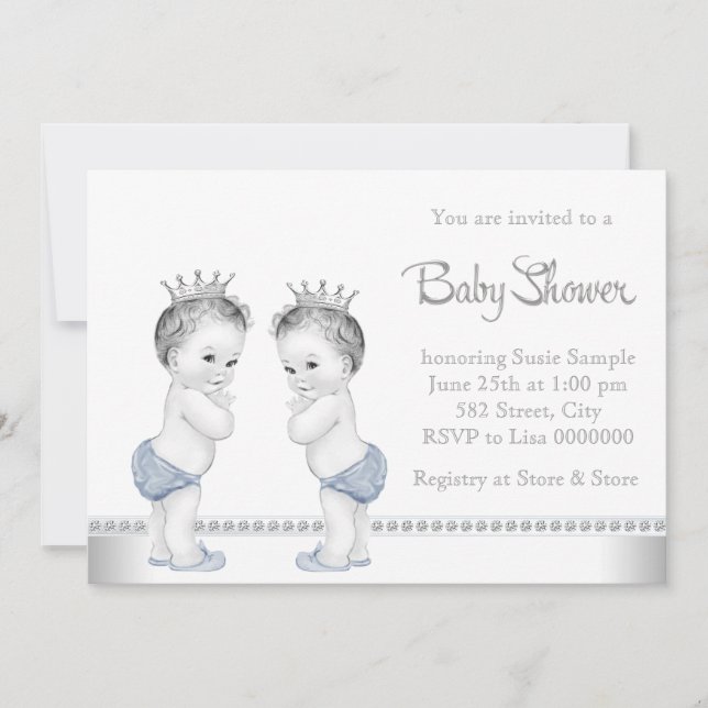 Invitation Elégant Baby shower de garçon Silver et Blue Twin (Devant)