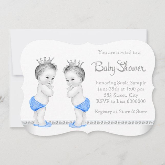 Invitation Elégant Baby shower de garçon Silver et Blue Twin (Devant)