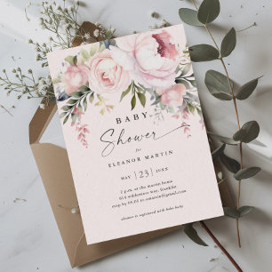 Invitation Elégant Baby shower de jardin de fleurs roses vert