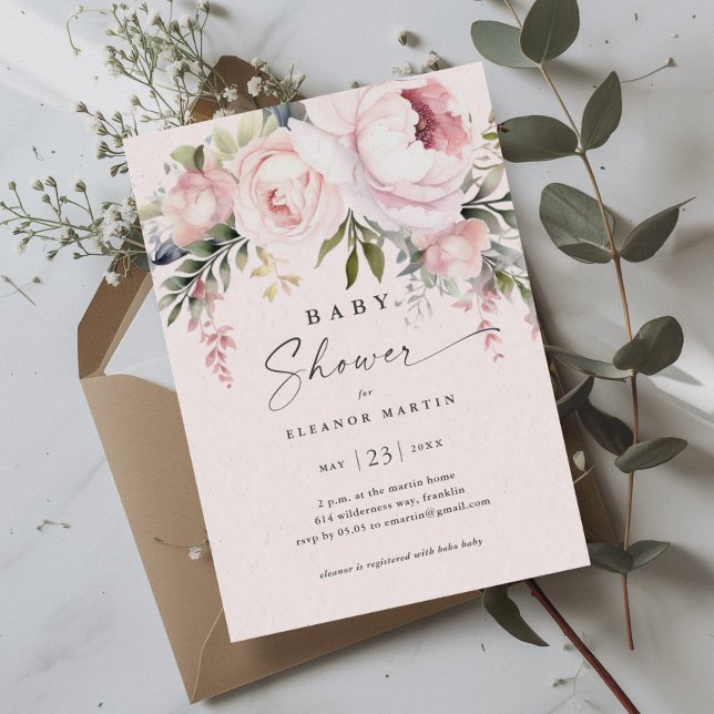 Invitation Elégant Baby shower de jardin de fleurs roses vert (Elegant Pink Flowers Greenery Garden Baby Shower Invitation)