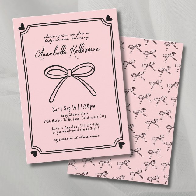 Invitation Elégant Baby shower de la béquille rose à main (Hand Drawn Pink Bow Baby Shower Invitation)