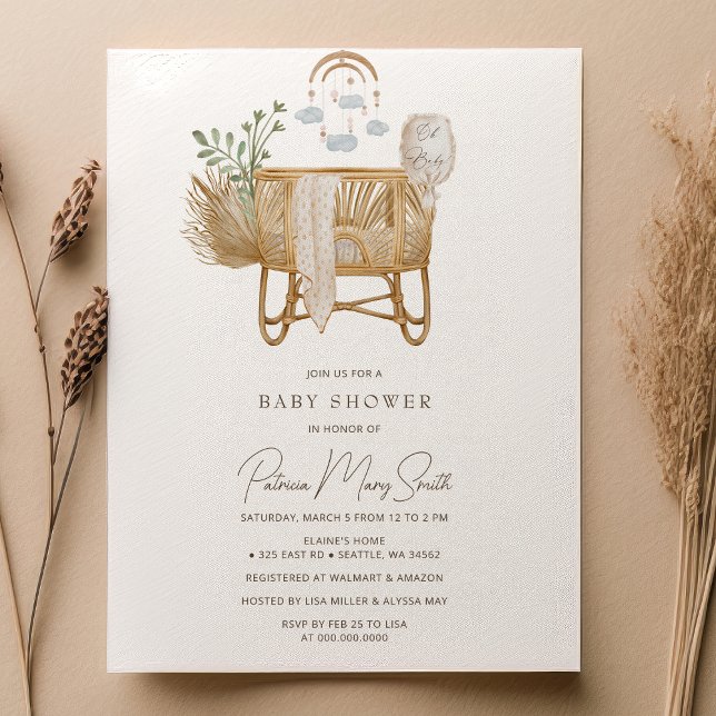 Invitation Élégant Baby shower de lit bébé Boho rustique (Elegant Rustic Boho Baby Cot Baby Shower Invitation)