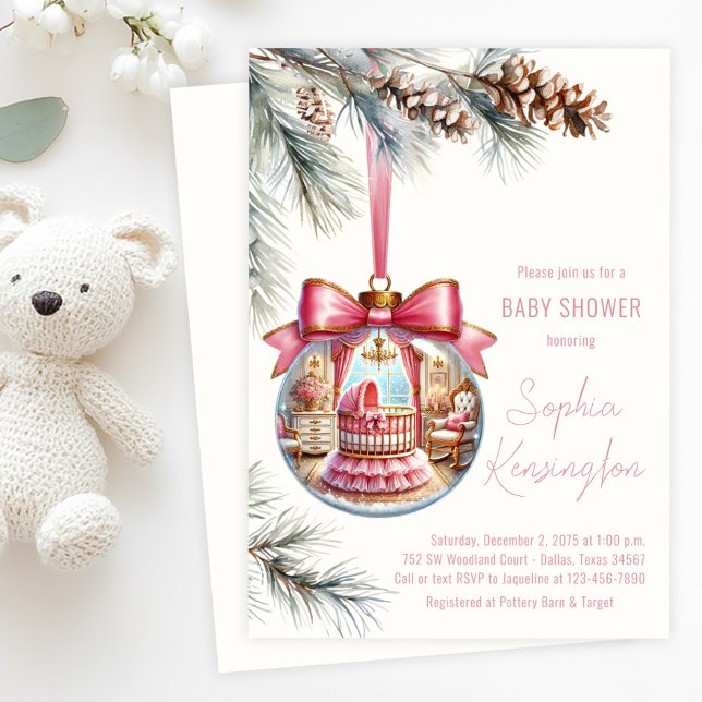 Invitation Élégant Baby shower de Noël de l'ornement rose (Girl Christmas tree ornament baby shower invitation with glass ornament with pink nursery scene. )