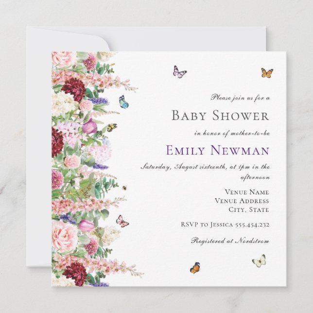 Invitation Élégant Baby shower de papillons floraux violets r (Devant)