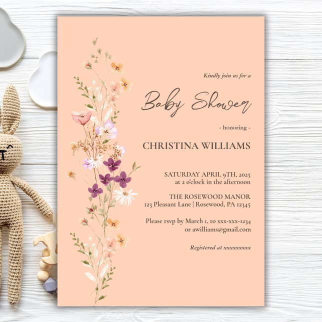 Invitation Élégant Baby shower de pêche Fleur sauvage Boho (Créateur téléchargé)