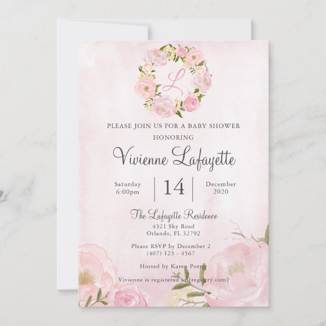 Invitation Elégant Baby shower de pivoine rose fille (Devant)