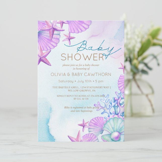 Invitation Elégant Baby shower de plage Ocean shells (Debout devant)
