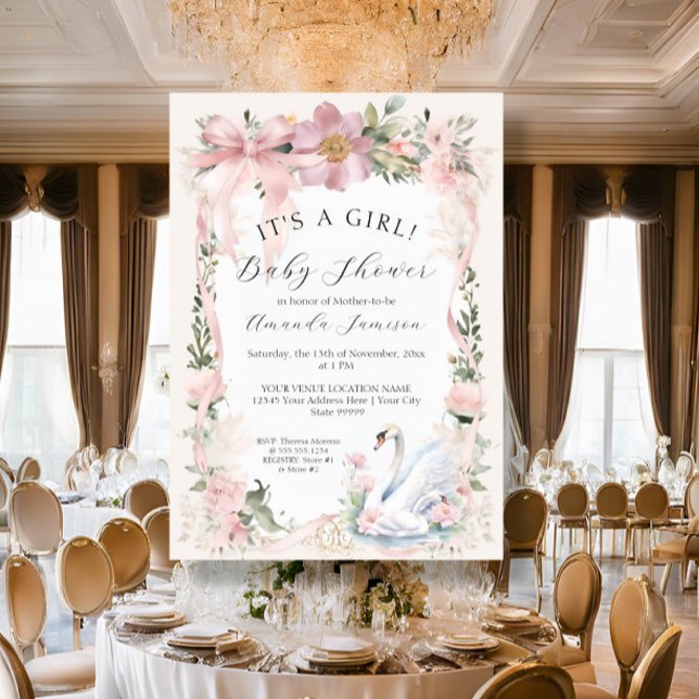 Invitation Élégant Baby shower de ruban rose flou flou de cyg (Créateur téléchargé)