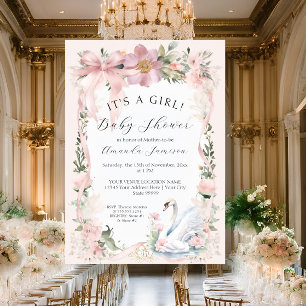 Invitation Élégant Baby shower de ruban rose pâle du cygne fl