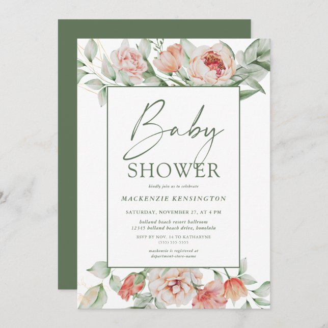 Invitation Élégant Baby shower de script de verdure florale P (Devant / Derrière)