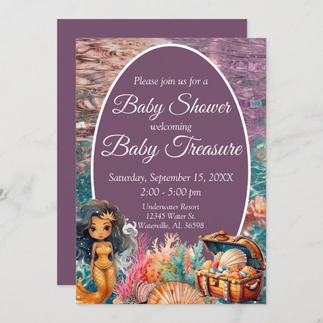 Invitation Élégant Baby shower de sirène noire (Devant / Derrière)