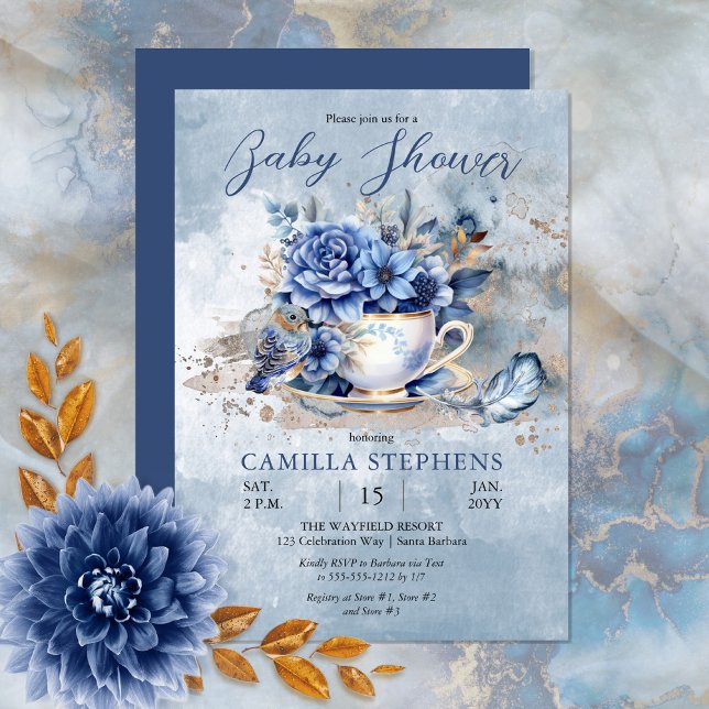 Invitation Elégant Baby shower de thé floral d'hiver (Create a magical baby celebration with this beautiful blue winter floral teacup and bird design.)