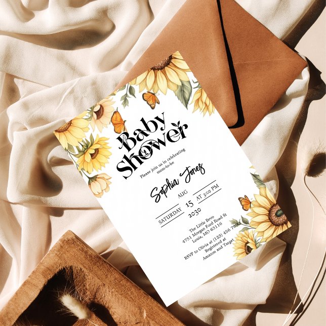 Invitation Elégant Baby shower de tournesol et papillon (Créateur téléchargé)