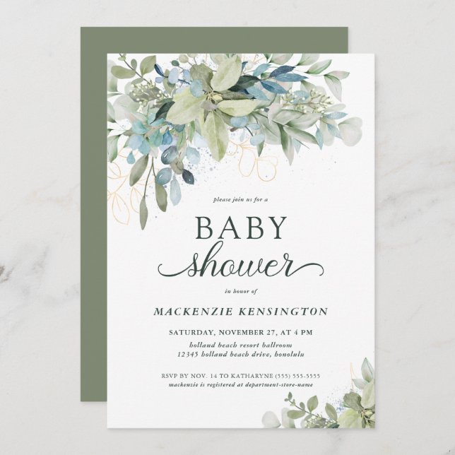 Invitation Elégant Baby shower de verdure Eucalyptus (Devant / Derrière)