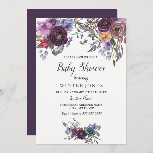 Invitation Élégant Baby shower d'hiver floral violet Invitati (Devant / Derrière)