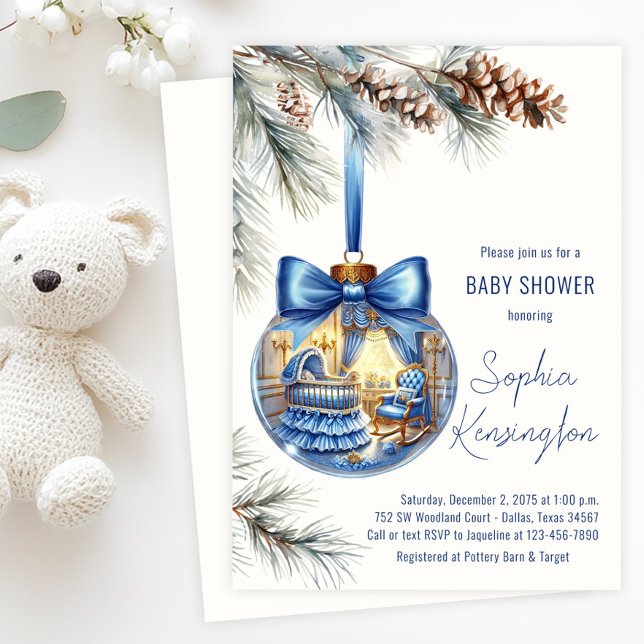 Invitation Élégant Baby shower d'ornement d'arbre de Noël ble (Boy Christmas tree ornament baby shower invitation with cute nursery scene inside the glass bauble.)