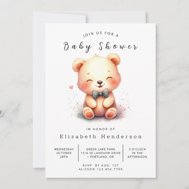 Invitation Élégant Baby shower d'ours imprimable (Devant)
