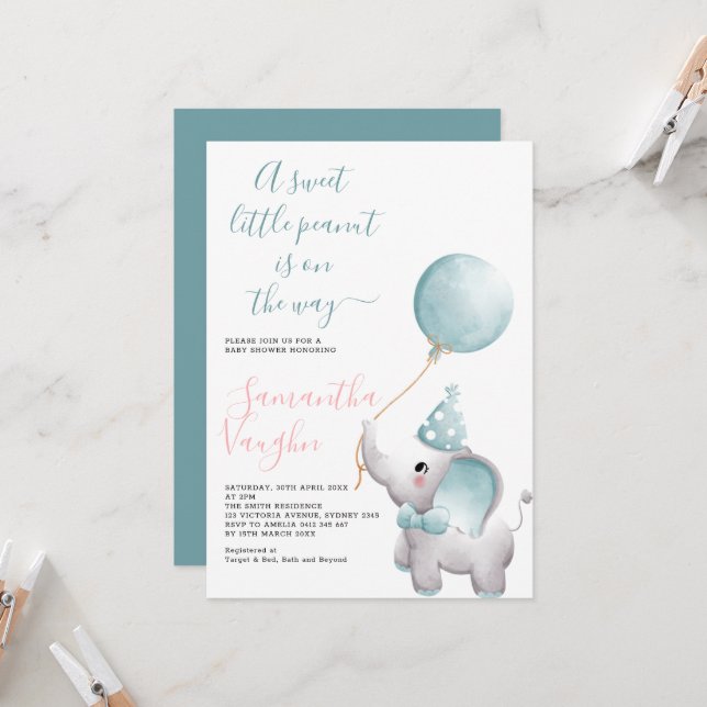 Invitation Elégant Baby shower Eléphant Petit Arachide (Devant/Arrière en situation)