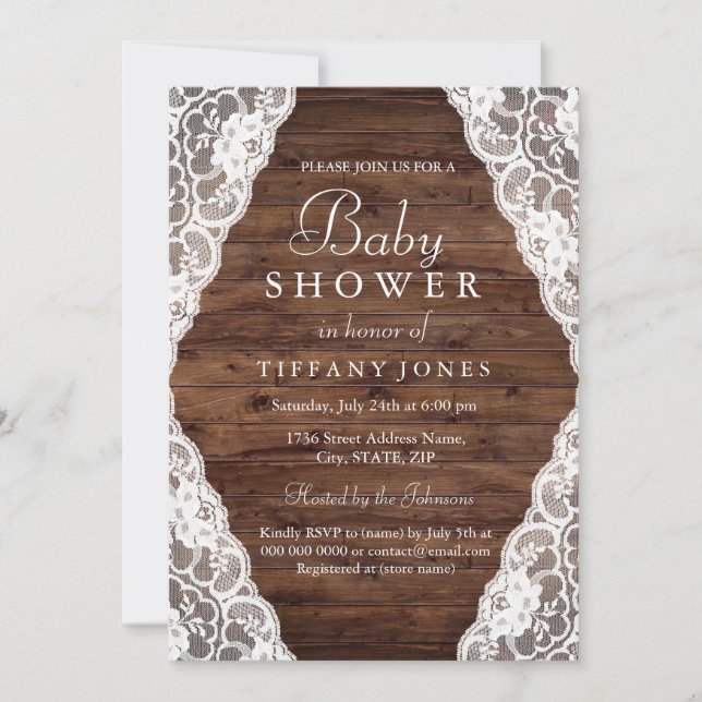 Invitation Élégant Baby shower en dentelle de bois rustique V (Devant)