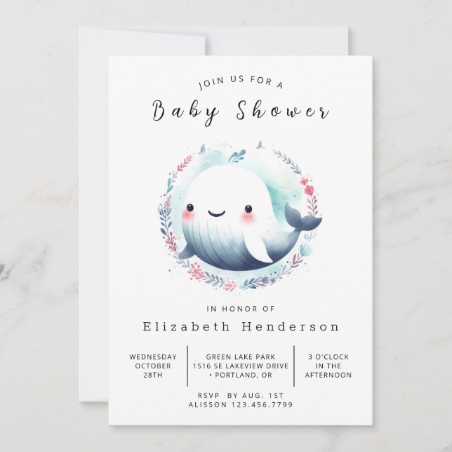 Invitation Élégant Baby shower en ligne baleine (Devant)