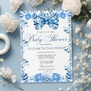 Invitation Elégant Baby shower en toile bleu floral chic Bow