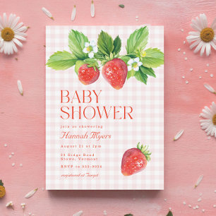 Invitation Élégant Baby shower En vichy fille aux fraises ros