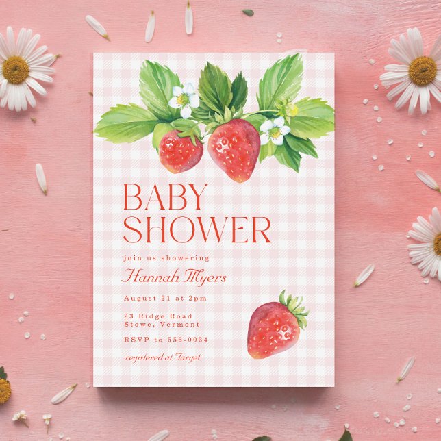 Invitation Élégant Baby shower En vichy fille aux fraises ros (Créateur téléchargé)