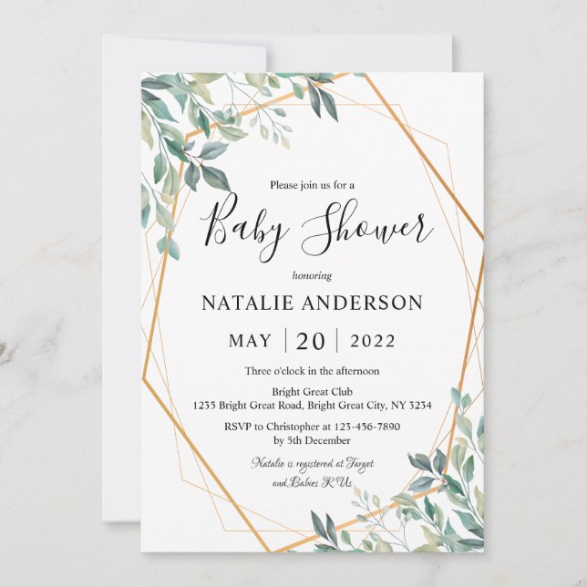 Invitation Elégant Baby shower Eucalyptus Verdure Gold Frame (Devant)