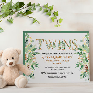Invitation Elégant Baby shower Eucalyptus Verdure Or Twin