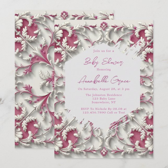 Invitation Elégant Baby shower fille Rococo blanc & rose (Devant / Derrière)