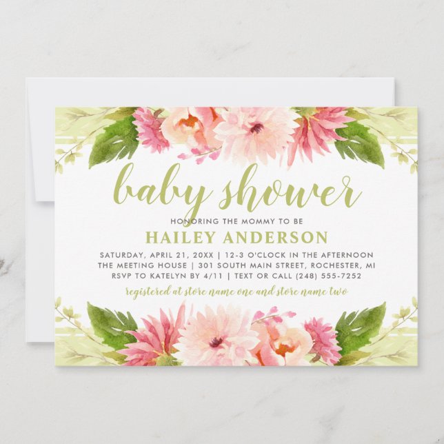 Invitation Elégant Baby shower Fille Rose Floral Aquarelle (Devant)
