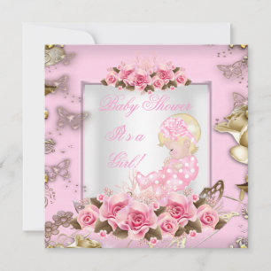 Invitation Élégant Baby shower fille rose Roses or Blonde 2