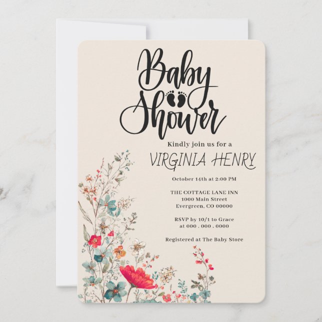 Invitation Elegant Baby shower Fleur sauvage Boho (Devant)