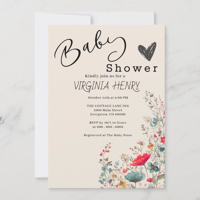 Invitation Elegant Baby shower Fleur sauvage Boho (Devant)