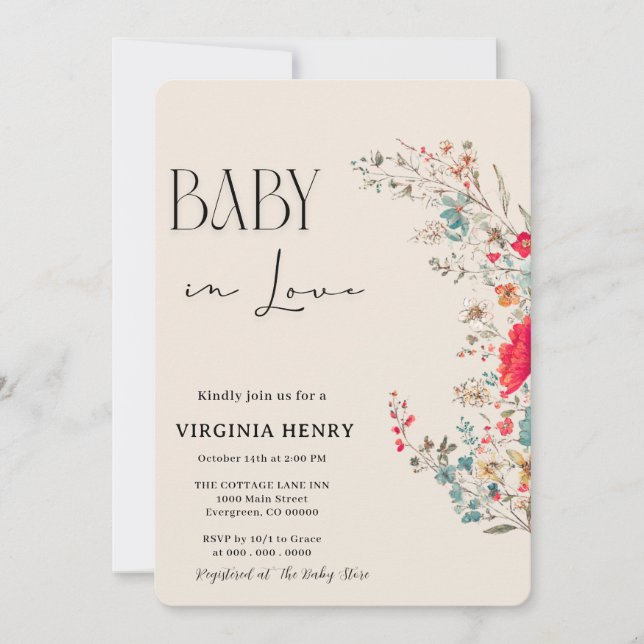 Invitation Elegant Baby shower Fleur sauvage Boho (Devant)
