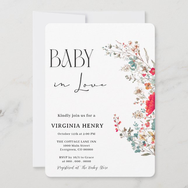 Invitation Elegant Baby shower Fleur sauvage Boho (Devant)