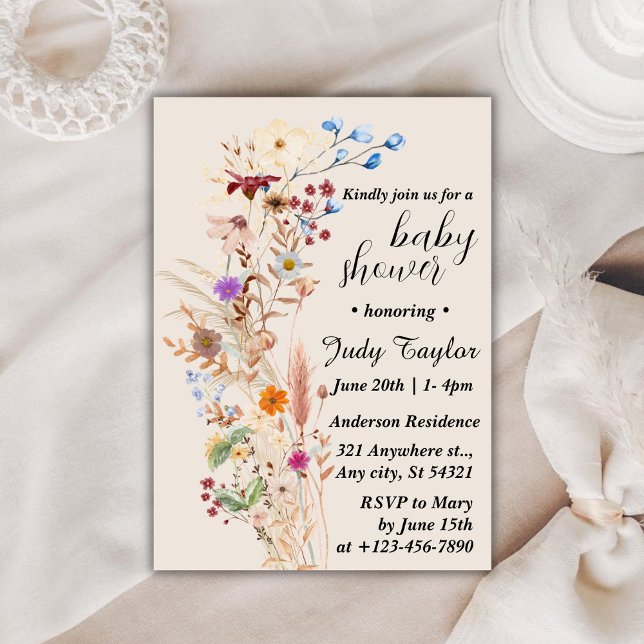 Invitation Elégant Baby shower Fleur sauvage Boho (Créateur téléchargé)