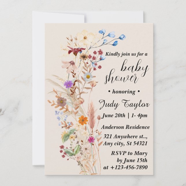 Invitation Elégant Baby shower Fleur sauvage Boho (Devant)