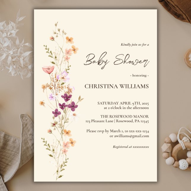 Invitation Elégant Baby shower Fleur sauvage Boho Beige Jaune (Créateur téléchargé)